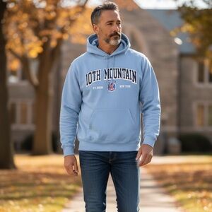 Champion 10th Mountain Sky Blue Graphic Hoodie Mens Size Medium